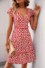Floral Print V Neck Ruffle Sleeve Dress