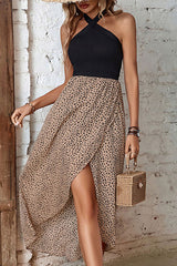 Leopard Print Patchwork Halter Neck Dress