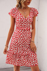 Floral Print V Neck Ruffle Sleeve Dress