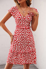 Floral Print V Neck Ruffle Sleeve Dress