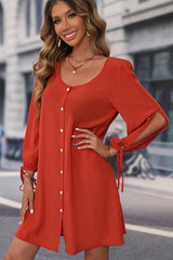 Long Sleeve Button Round Neck Solid Dress