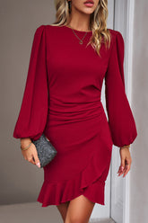 Puff Sleeve Round Neck Solid Ruffle Hem Bodycon Dress