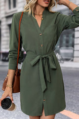 Button Solid Color Long Sleeve Casual Dress