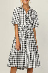 Fashion Casual Plaid Split Joint Turndown Collar A Line Dresses