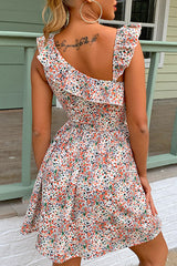 Fashion Street Print Patchwork Oblique Collar A Line Dresses