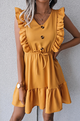 Casual Elegant Solid Buckle Flounce V Neck Waist Skirt Dresses