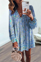 Casual Print Patchwork V Neck Cake Skirt Dresses(4 colors)