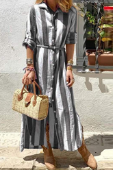 Street Striped Patchwork Turndown Collar Shirt Dress Dresses