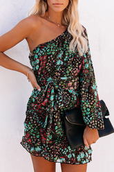 Casual Print Patchwork One Shoulder Waist Skirt Dresses