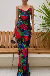 Sexy Print Patchwork Spaghetti Strap Pencil Skirt Dresses