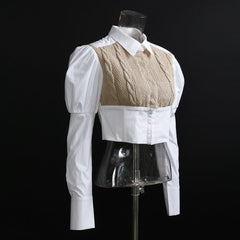 knitted twist wool stitching cotton puff sleeve shirt