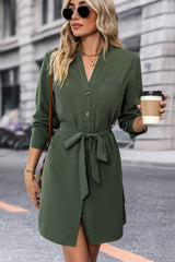 Button Solid Color Long Sleeve Casual Dress