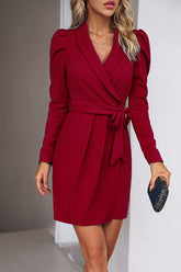 Solid Color V Neck Tie Waist Ruched Dress