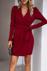 Solid Color V Neck Tie Waist Ruched Dress