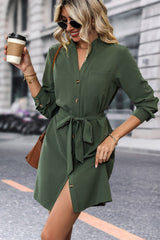 Button Solid Color Long Sleeve Casual Dress