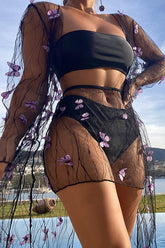 Black Butterfly Print Mesh Four Piece Swimsuit Areous