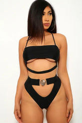 Black Cut Out Padded Two Piece Swimsuit Areous