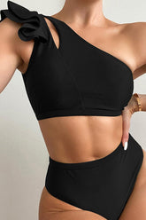 Black Cut Out Ruffled One Shoulder Two Piece Swimsuit Areous