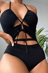 Black Cut Out Strappy One Piece Monokini Areous