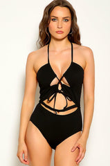 Black Cut Out Strappy One Piece Monokini Areous