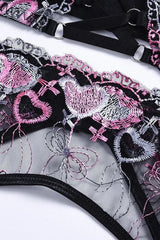 Black Embroidered Heart Criss Cross Mesh 3 Pc Lingerie Set Areous