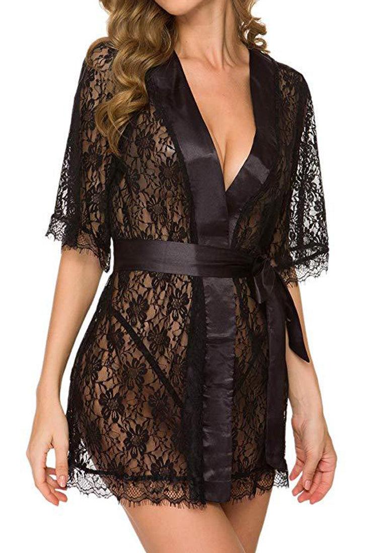 Black Floral Lace Mid Sleeve Lingerie Robe 3 Pc Set Areous