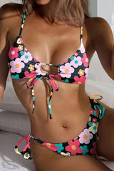 Black Floral Print Cheeky Two Piece Swimsuit Areous