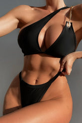 Black Gold Chain Accent One Shoulder Two Piece Swimsuit Areous