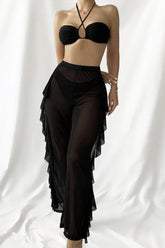 Black Halter Cheeky Mesh Pants Three Piece Swimsuit Set Areous