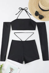 Black Halter Off Shoulder Strappy Shorts 2 Pc Swim Set Areous