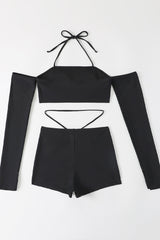 Black Halter Off Shoulder Strappy Shorts 2 Pc Swim Set Areous