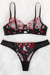 Black Heart Print Mesh Two Piece Lingerie Areous