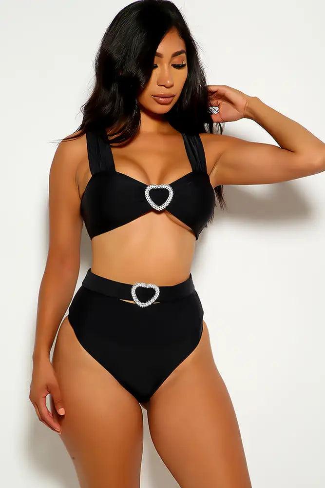 Black Heart Rhinestone Two Piece Swimsuit Areous