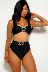 Black Heart Rhinestone Two Piece Swimsuit Areous