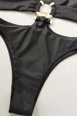 Black Hollow Out Metal Ring Accent Monokini Areous