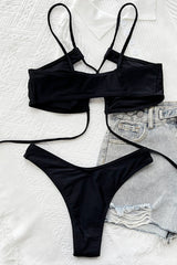 Black Hollow Out Strappy Halter 2 Pc Swimsuit Areous