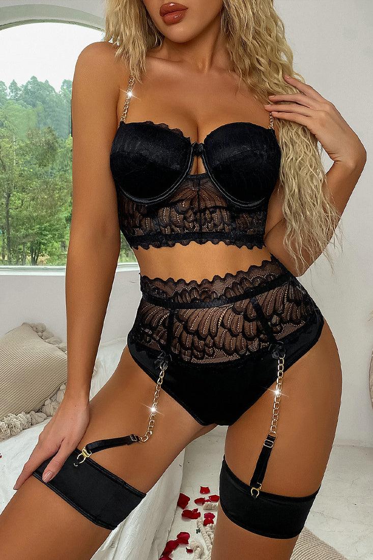 Black Lace Chain Straps Scalloped Lingerie Set Areous