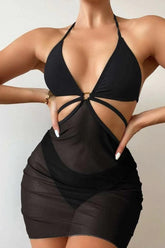 Black Mesh Halter Three Piece Swimsuit Areous