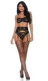 Black Mesh Three Piece Intimate Set Areous