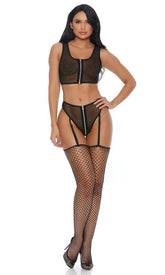 Black Mesh Zipper Two Piece Intimate Set Areous