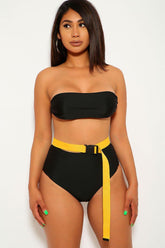 Black Mustard High Waist Three Piece Swimsuit Set Areous