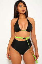 Black Neon Lime Belted Two Piece Swimsuit Areous