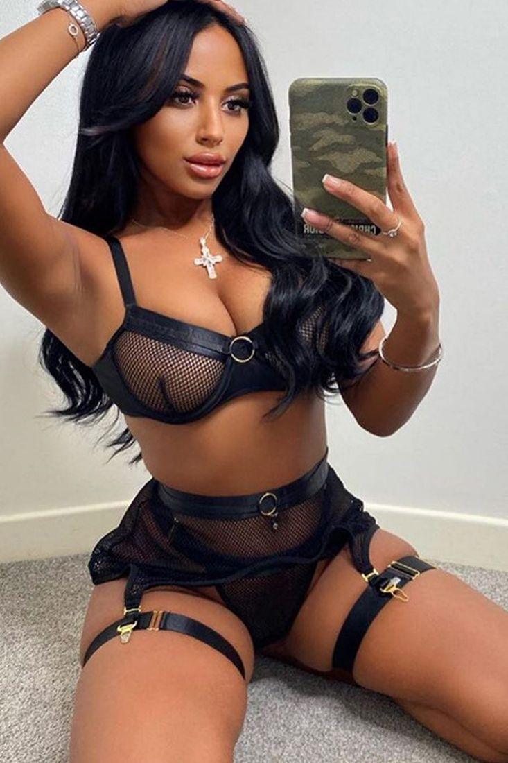 Black Netted Mesh Bra Garter Pantie Lingerie Set Areous