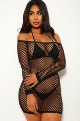 Black Netted Off The Shoulder Three Piece Swimsuit Set Areous