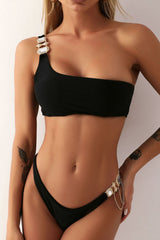 Black One Shoulder Rhinestone Chain Linked 2 Pc Swimsuit Areous