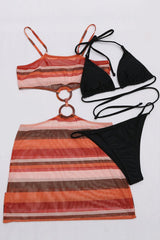 Black Orange Striped O-Ring Mesh Three Piece Swimsuit Areous