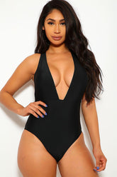 Black Plunging One Piece Swimsuit Areous