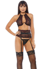 Black Red Floral Lace Underwire Three Piece Intimates Set Areous