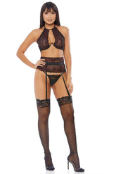 Black Red Floral Lace Underwire Three Piece Intimates Set Areous