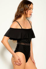 Black Ruffled Short Sleeve One Piece Monokini Areous